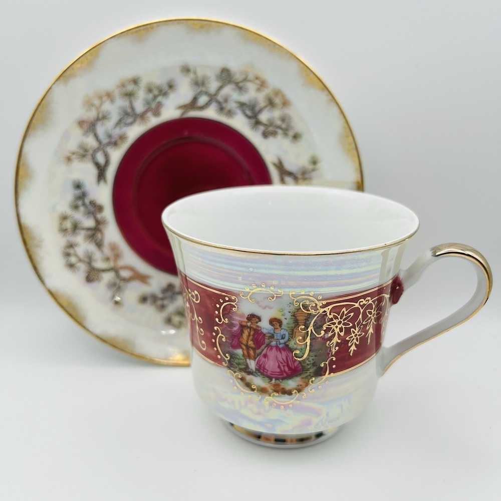 Del Mar Japan Teacup Saucer Set 24K Gold Lusterware Victorian Scene Cottagecore